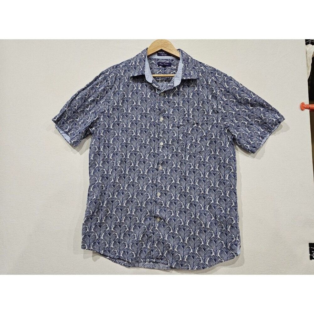 Alan Flusser Men's Blue White Palm Leaf Print Short Sleeve Button Shirt Large